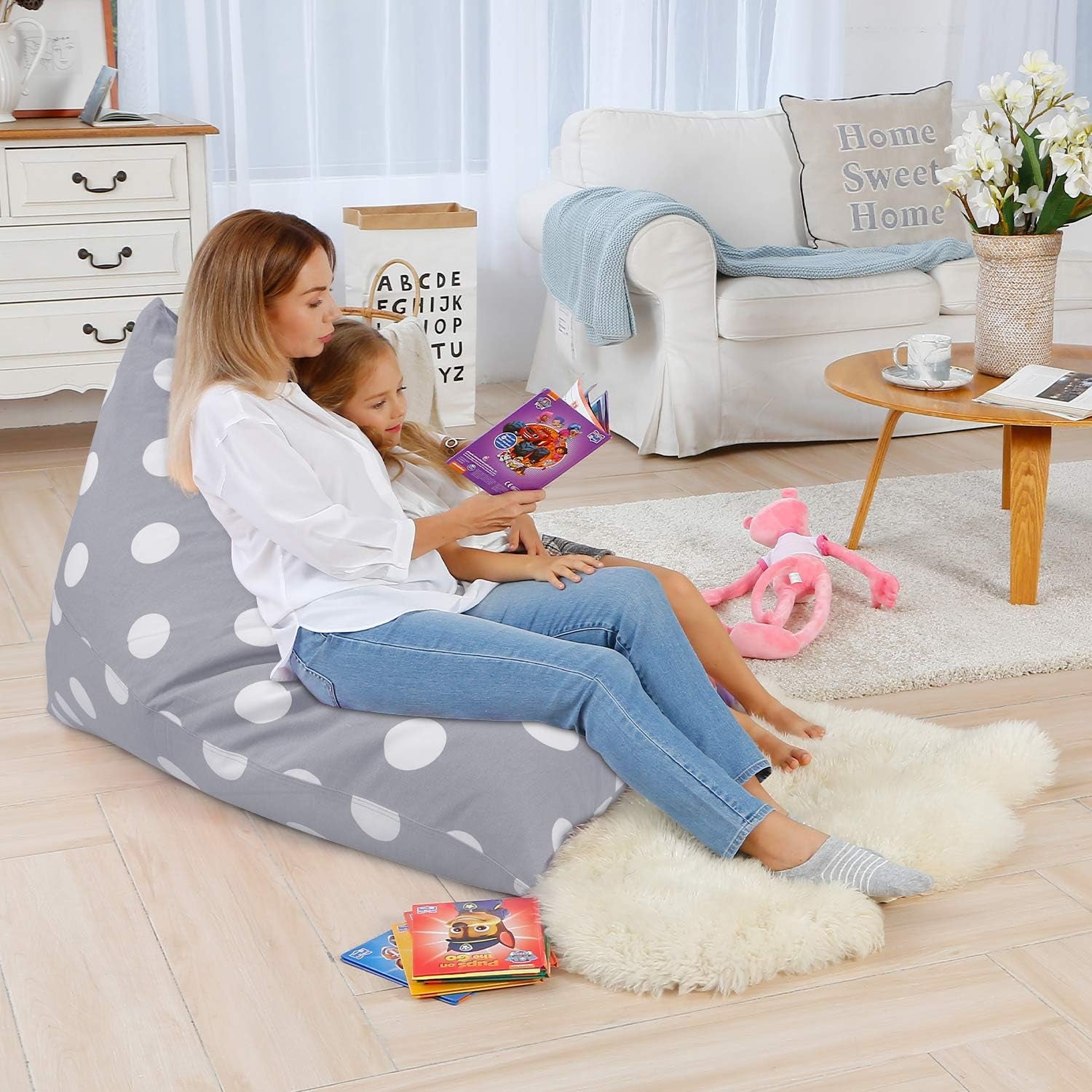Stuffed Animal Storage Bean Bag Chair Cover, 50"X 35" Extra Large Bean Bags for Kids & Adults, Beanbag Toy Storage for Boys Girls - Premium Cotton Canvas Grey Dot