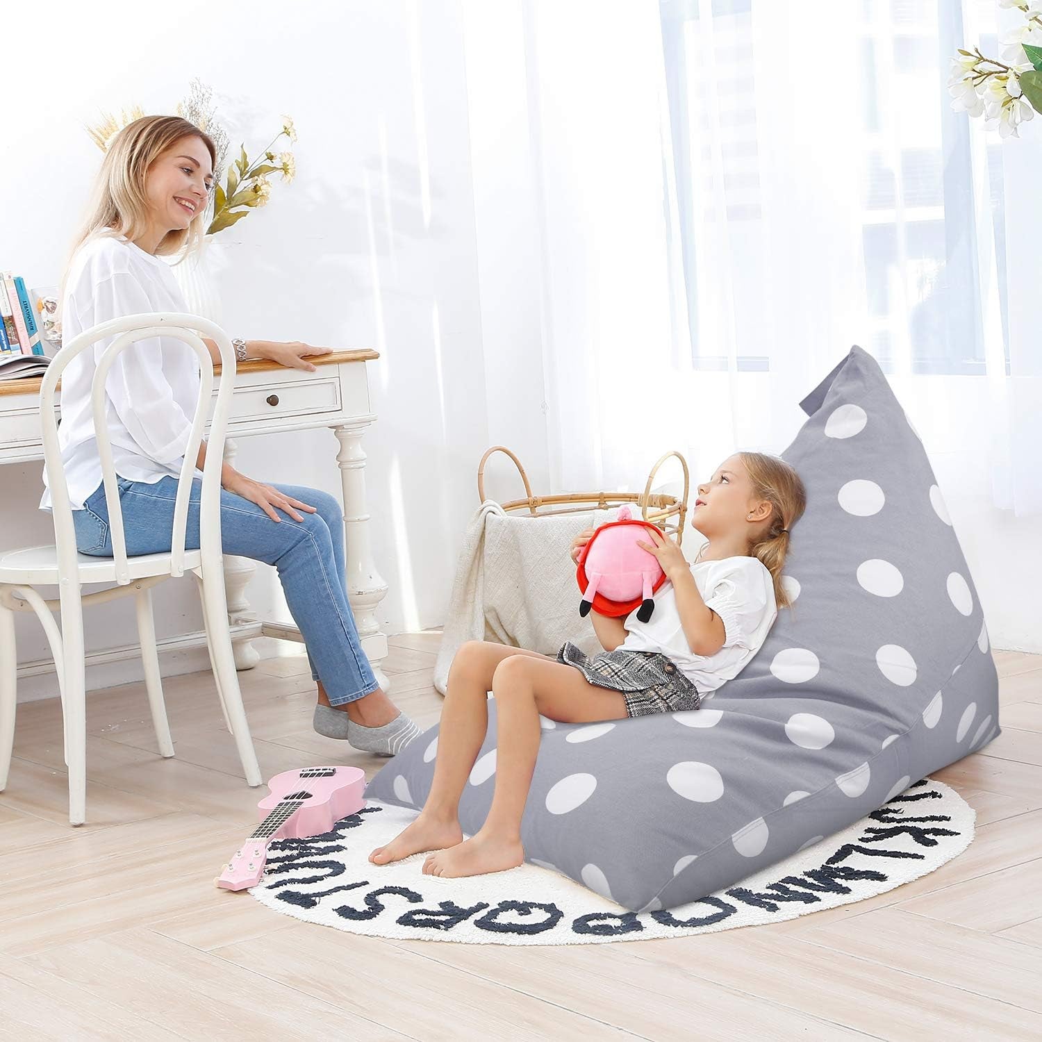 Stuffed Animal Storage Bean Bag Chair Cover, 50"X 35" Extra Large Bean Bags for Kids & Adults, Beanbag Toy Storage for Boys Girls - Premium Cotton Canvas Grey Dot