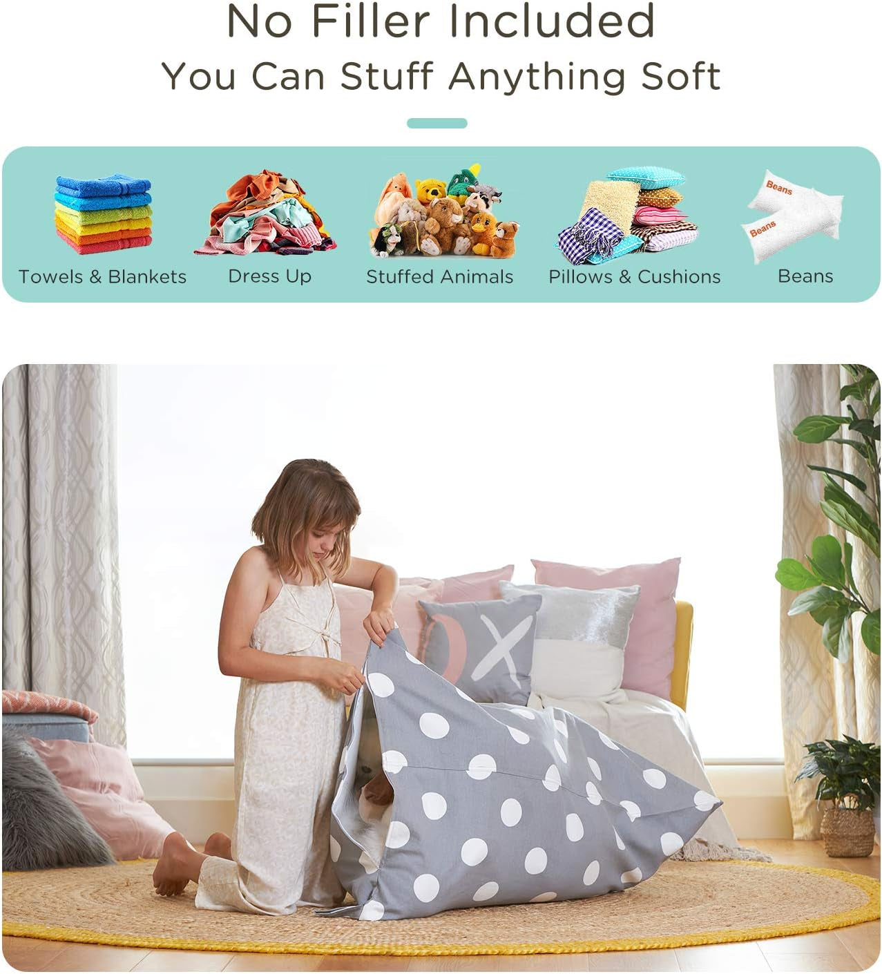 Stuffed Animal Storage Bean Bag Chair Cover, 50"X 35" Extra Large Bean Bags for Kids & Adults, Beanbag Toy Storage for Boys Girls - Premium Cotton Canvas Grey Dot