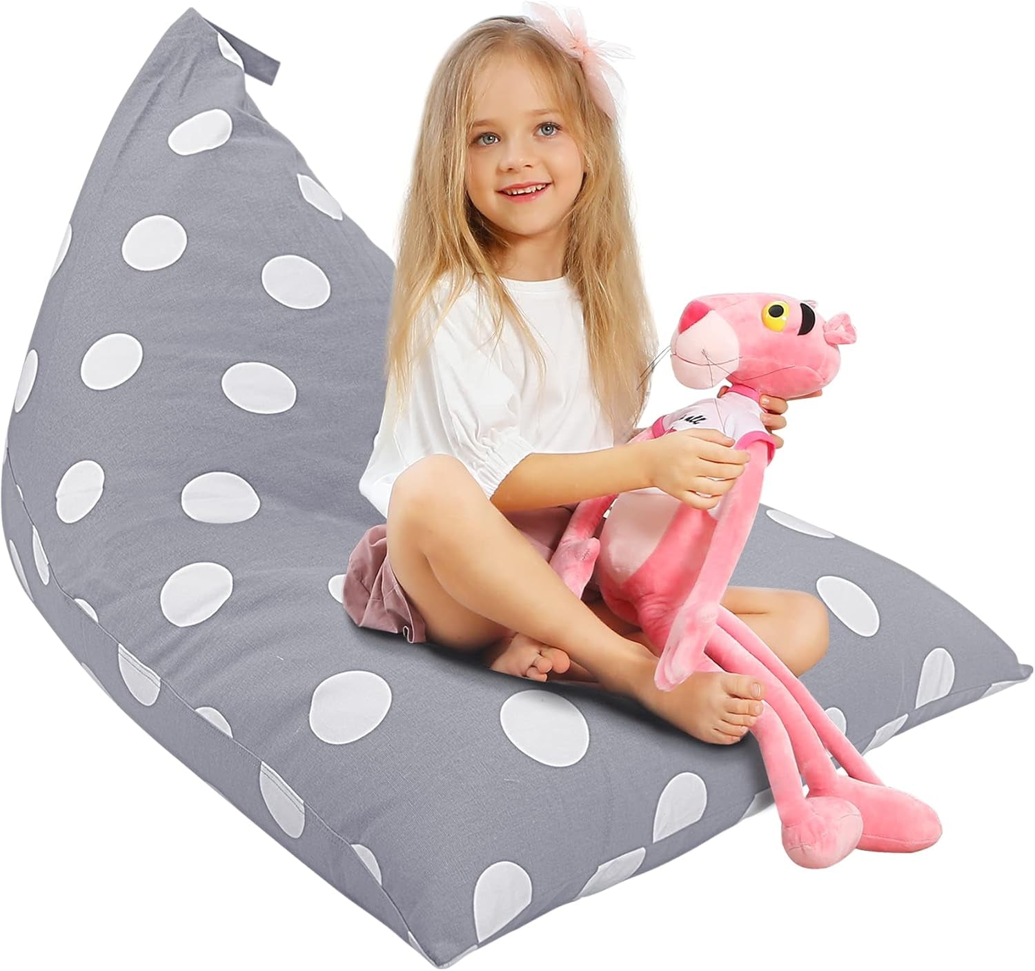 Stuffed Animal Storage Bean Bag Chair Cover, 50"X 35" Extra Large Bean Bags for Kids & Adults, Beanbag Toy Storage for Boys Girls - Premium Cotton Canvas Grey Dot
