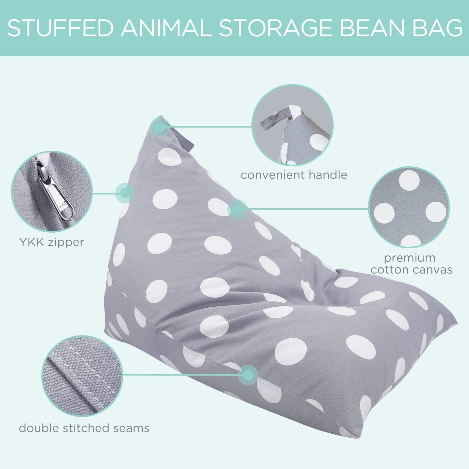 Stuffed Animal Storage Bean Bag Chair Cover, 50"X 35" Extra Large Bean Bags for Kids & Adults, Beanbag Toy Storage for Boys Girls - Premium Cotton Canvas Grey Dot