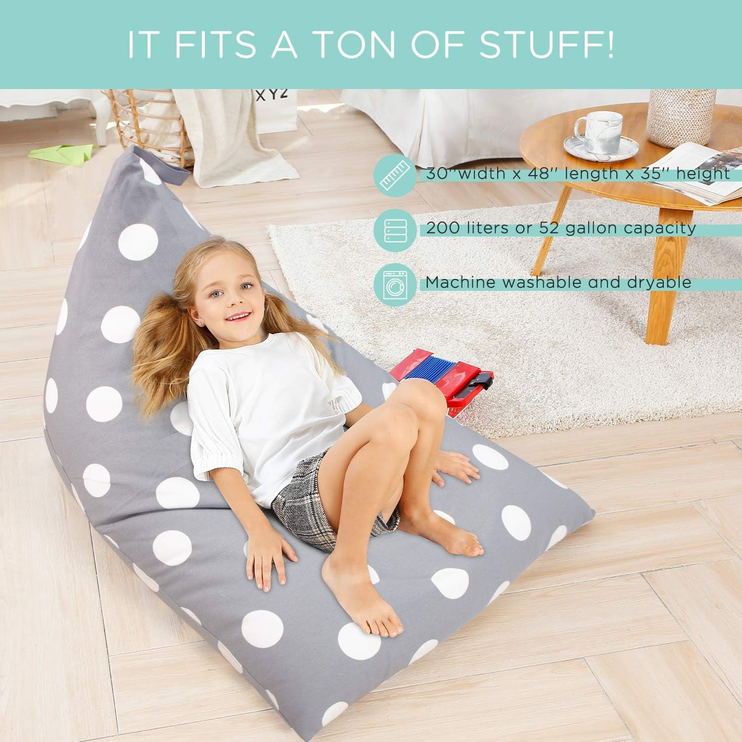 Stuffed Animal Storage Bean Bag Chair Cover, 50"X 35" Extra Large Bean Bags for Kids & Adults, Beanbag Toy Storage for Boys Girls - Premium Cotton Canvas Grey Dot